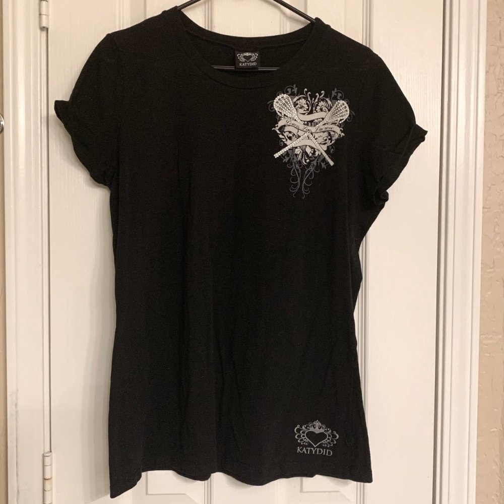 Katydid Peace Love Lacrosse Navy Blue Fitted Bling Tee  2XL
